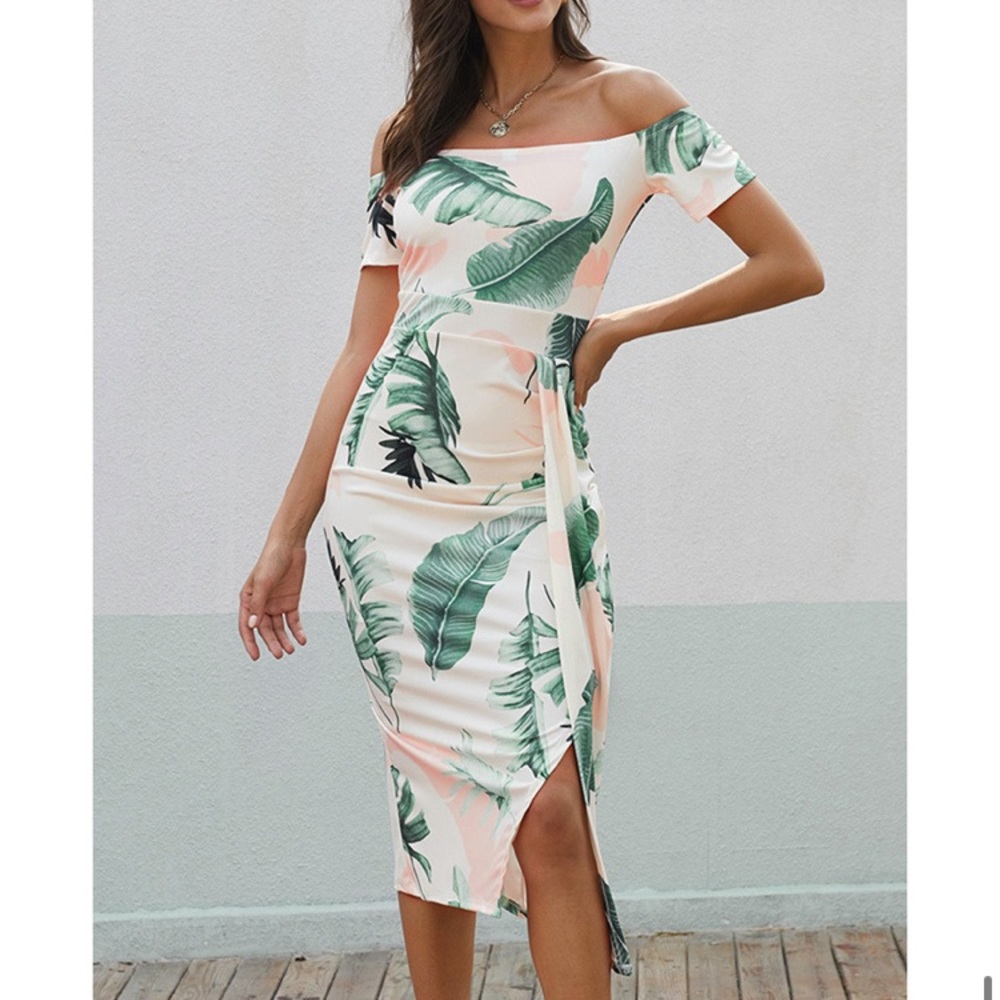 Fun cocktail dress! Leaf print Tropcial white - Picture 5 of 7